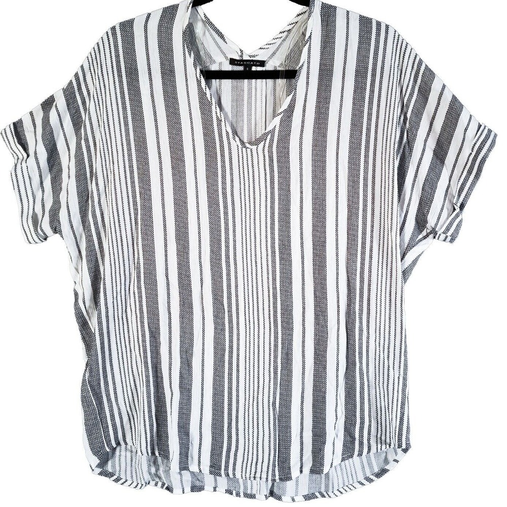 Staccato Top Womens Small Striped V Neck Short Sleeve Relaxed Fit Blouse